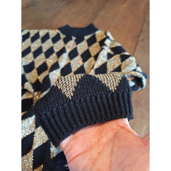 VTG Pullover Sweater Metallic Gold/Black Diamond Pattern Maurada Collections XL - Picture 14 of 14